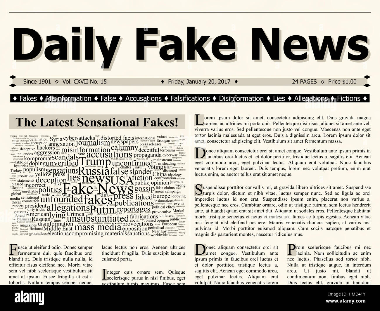 Front page of daily fake news mainstream newspaper title headline. Flat design illustration with tag word cloud and lorem ipsum text. Stock Photo