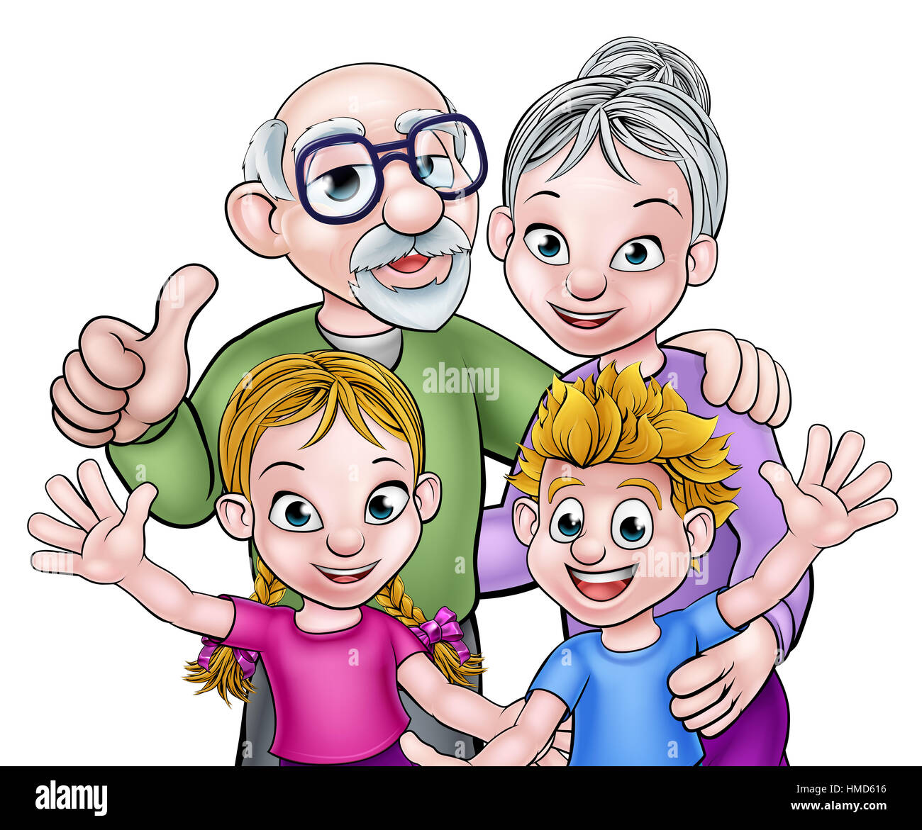 Cartoon grandchildren with their grandparents grandfather and grandmother Stock Photo