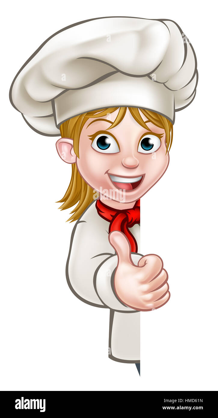 Cartoon chef or baker woman character giving thumbs up and peeking around sign or background Stock Photo