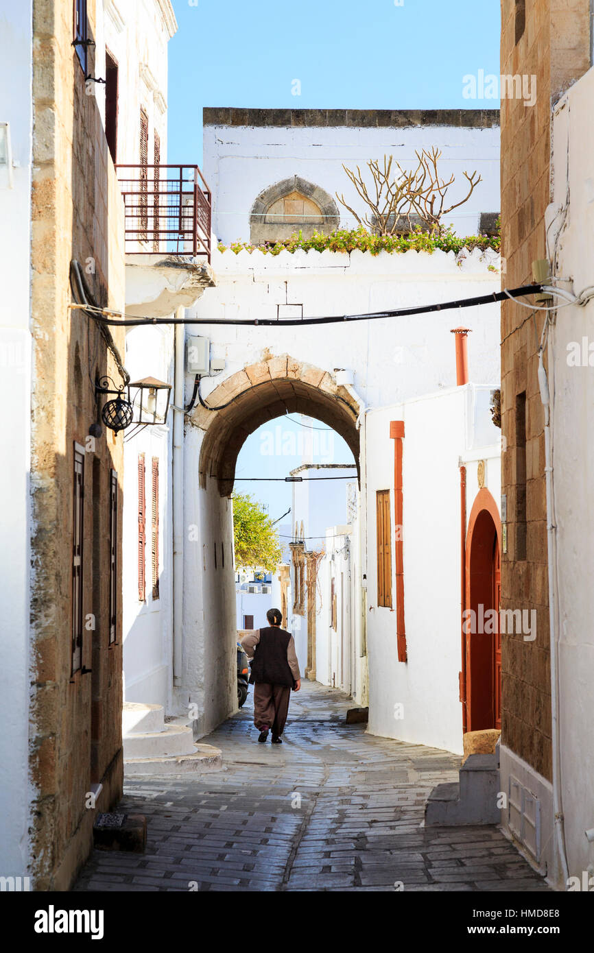white washed old streets in lindos, rhodes greece Stock Photo