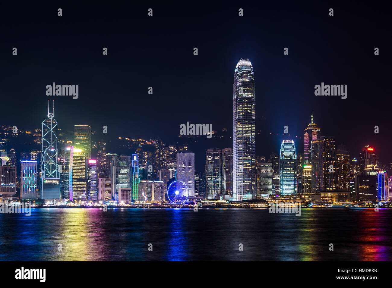 Nightview of Victoria Harbour in Hong Kong. (Hong Kong Island side view from Tsim Sha Tsui) Stock Photo
