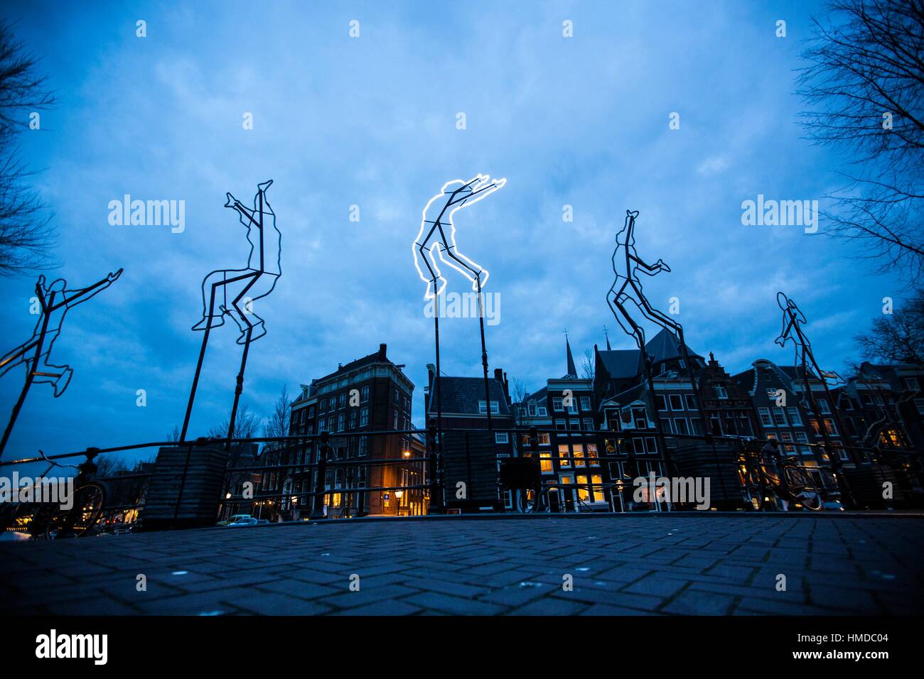 Jumping Light art at Herengracht bridge, Amsterdam Stock Photo