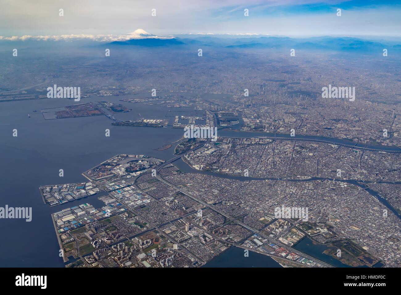 Aerial view of Tokyo Bay and Mount Fuji in Tokyo, Japan. Stock Photo