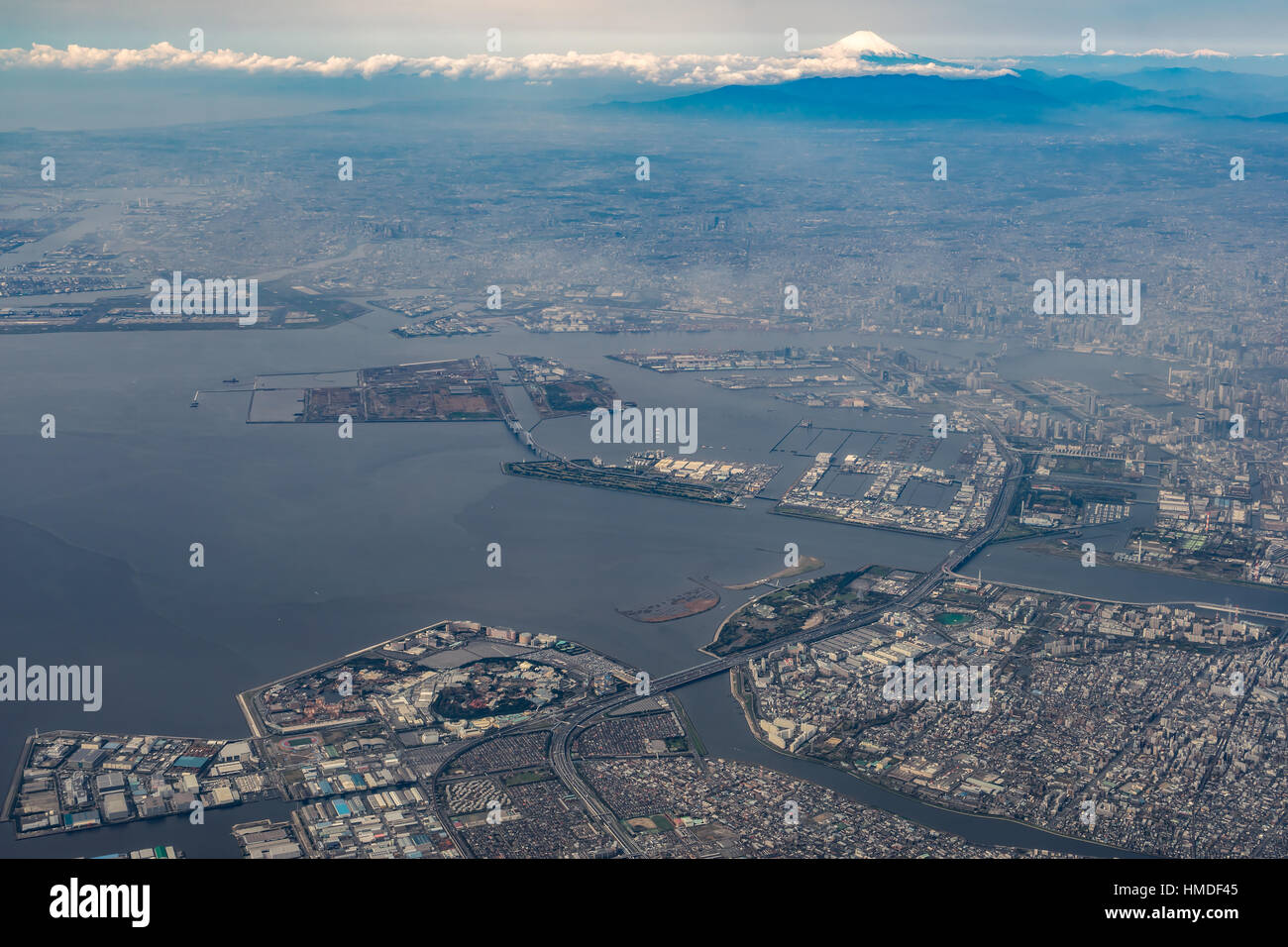 Aerial view of Tokyo Bay and Mount Fuji in Tokyo, Japan. Stock Photo