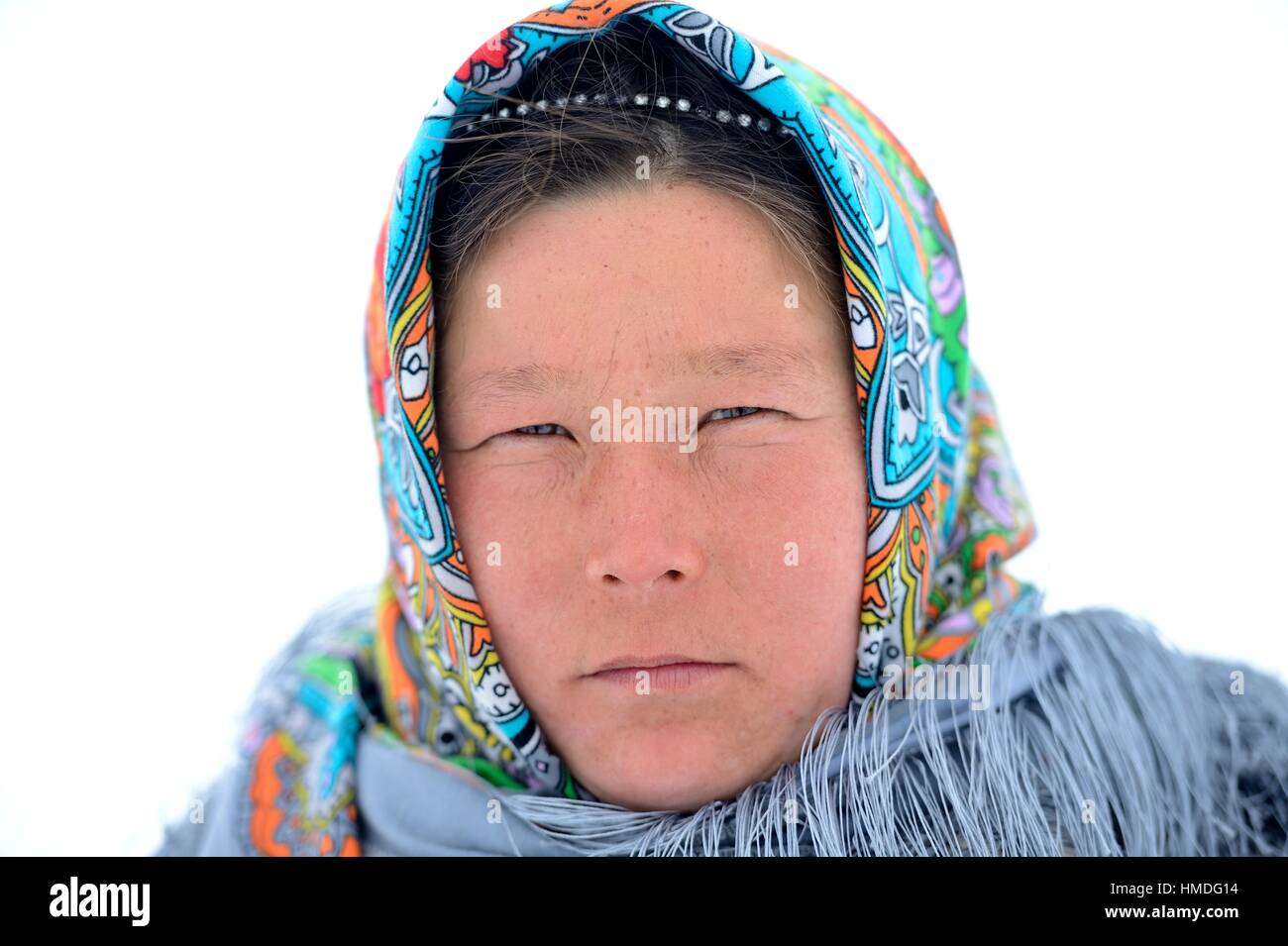 Ekaterina Yaptik, Portrat of Nenets woman, Yar-Sale district, Yamal, Northwest Siberia, Russia. Stock Photo