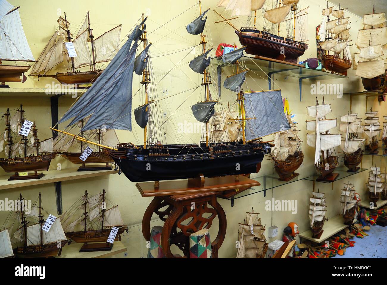 display of products in factory of handmade scale model wooden ships in Curepipe, Mauritius