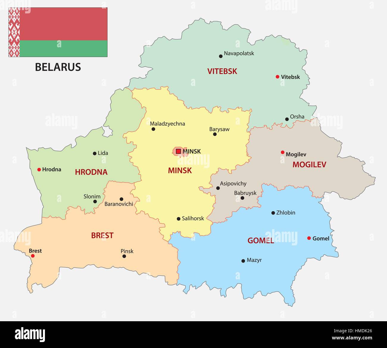 Belarus administrative and political vector map with flag Stock Vector