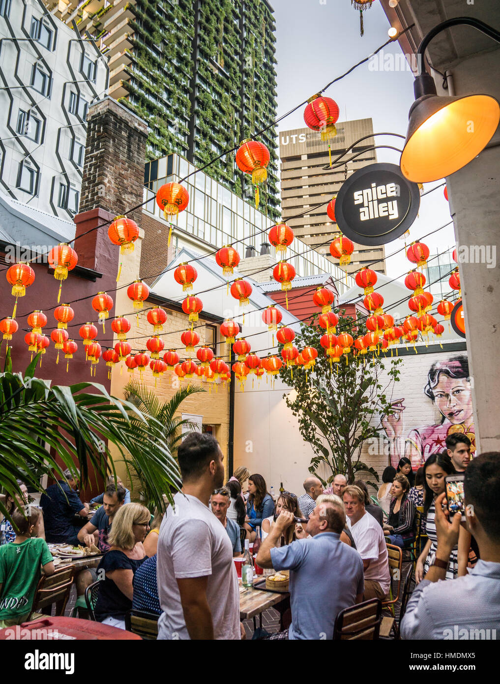 Spice Alley in Chippendale, Sydney.  Picture shows courtyard dining, a shared area in which customers sit to eat food from the small Asian restaurants Stock Photo