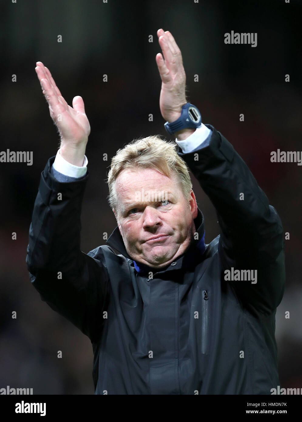 Everton manager Ronald Koeman applauds the fans after the game Stock ...