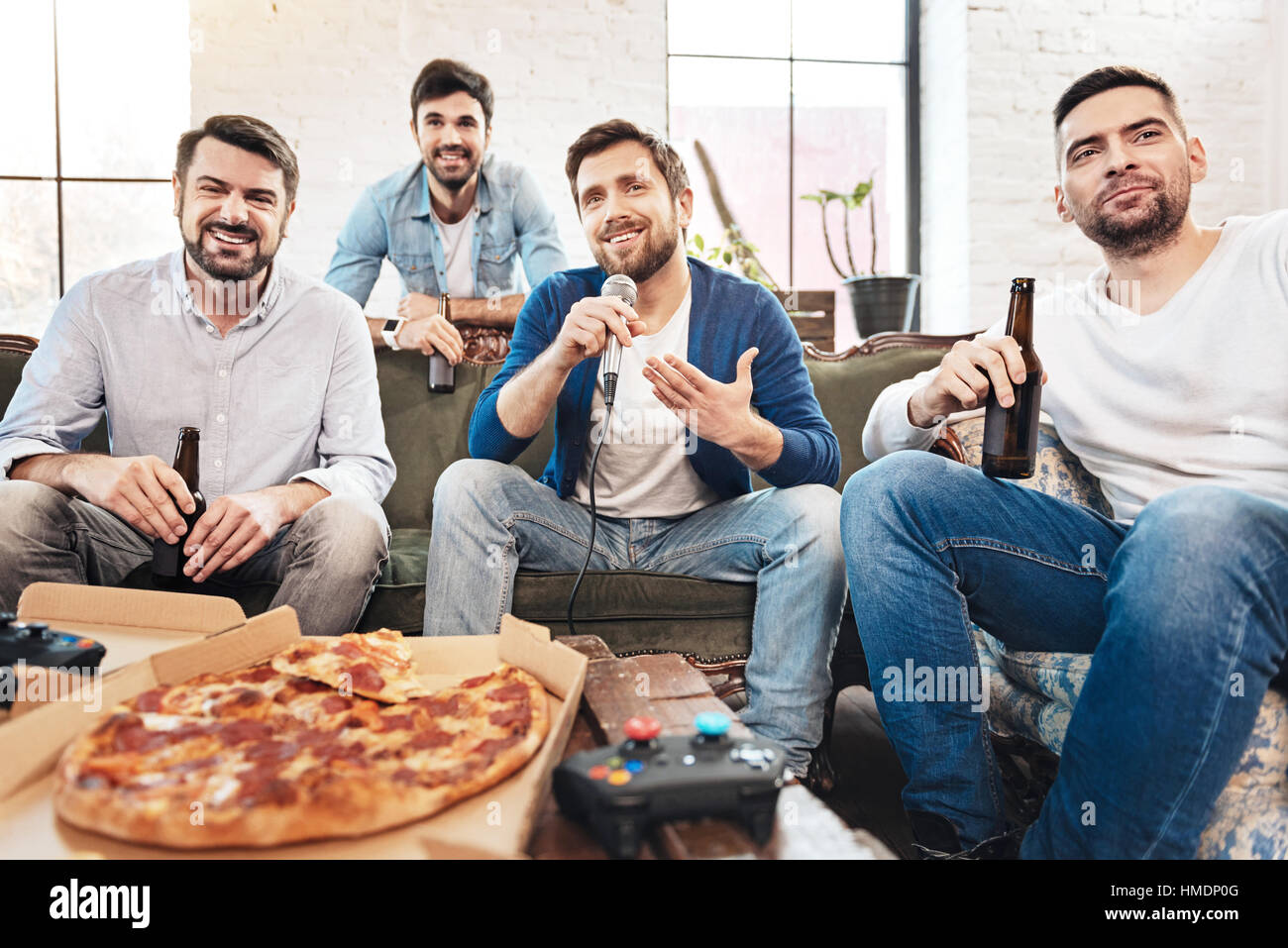 Nice Pleasant Man Singing Karaoke Stock Photo Alamy