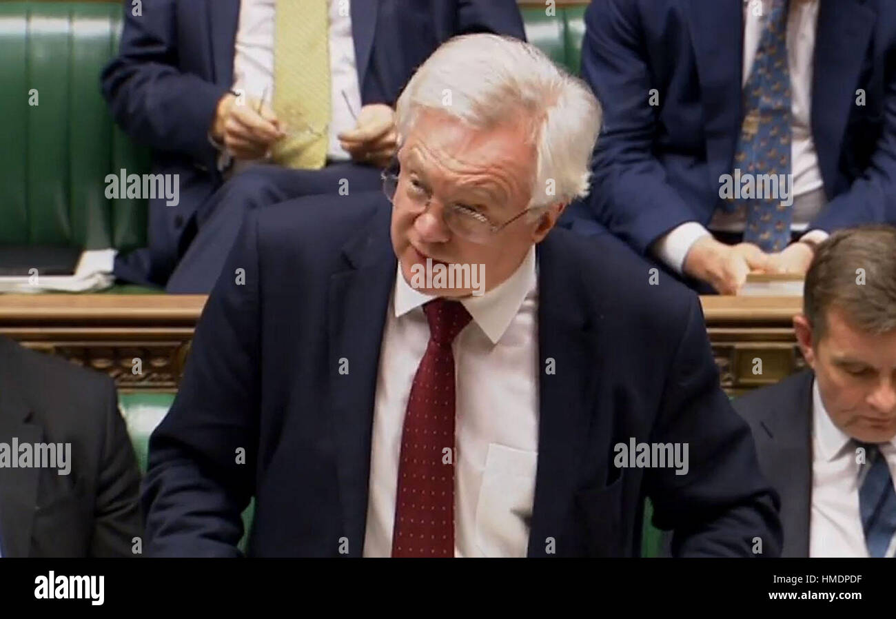 Brexit Secretary David Davis speaks in the House of Commons, London, as MPs will spend Thursday poring over a Government White Paper setting out its Brexit strategy as the next battlegrounds in the debate over quitting the EU begin to emerge. Stock Photo