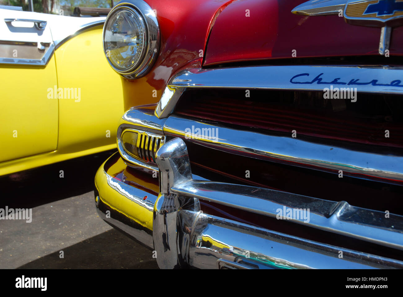 Red and yellow vintage car, Havana, Cuba. Stock Photo