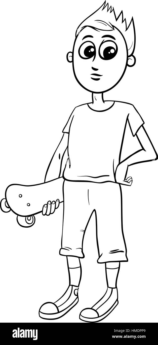 Black and White Cartoon Illustration of Teen Boy with Skateboard Coloring Page Stock Vector