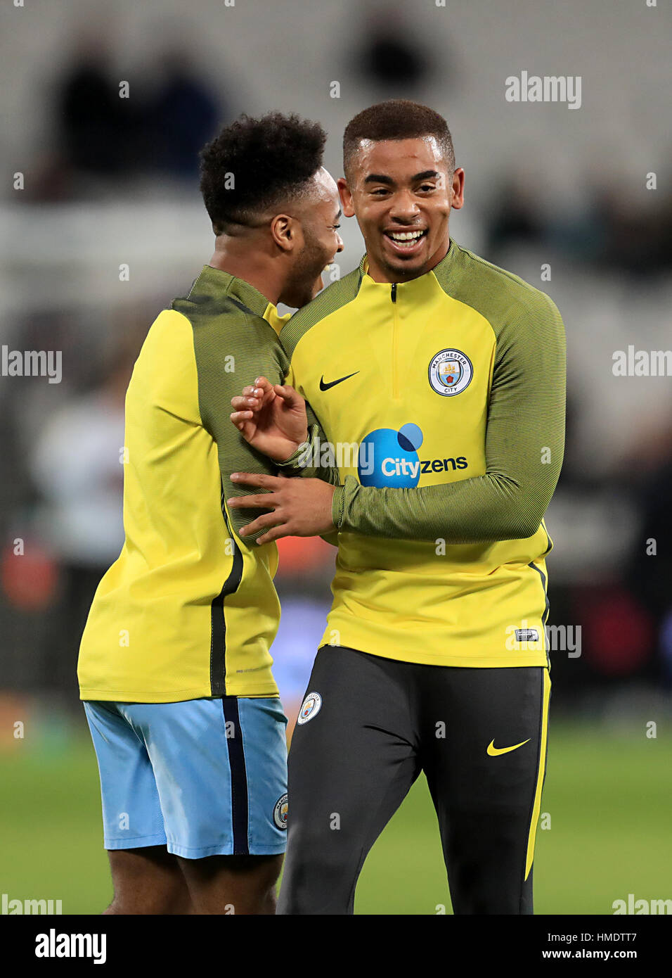 Manchester City S Raheem Sterling And Fernando Gabriel Jesus Warming Up Prior To The Match Stock Photo Alamy
