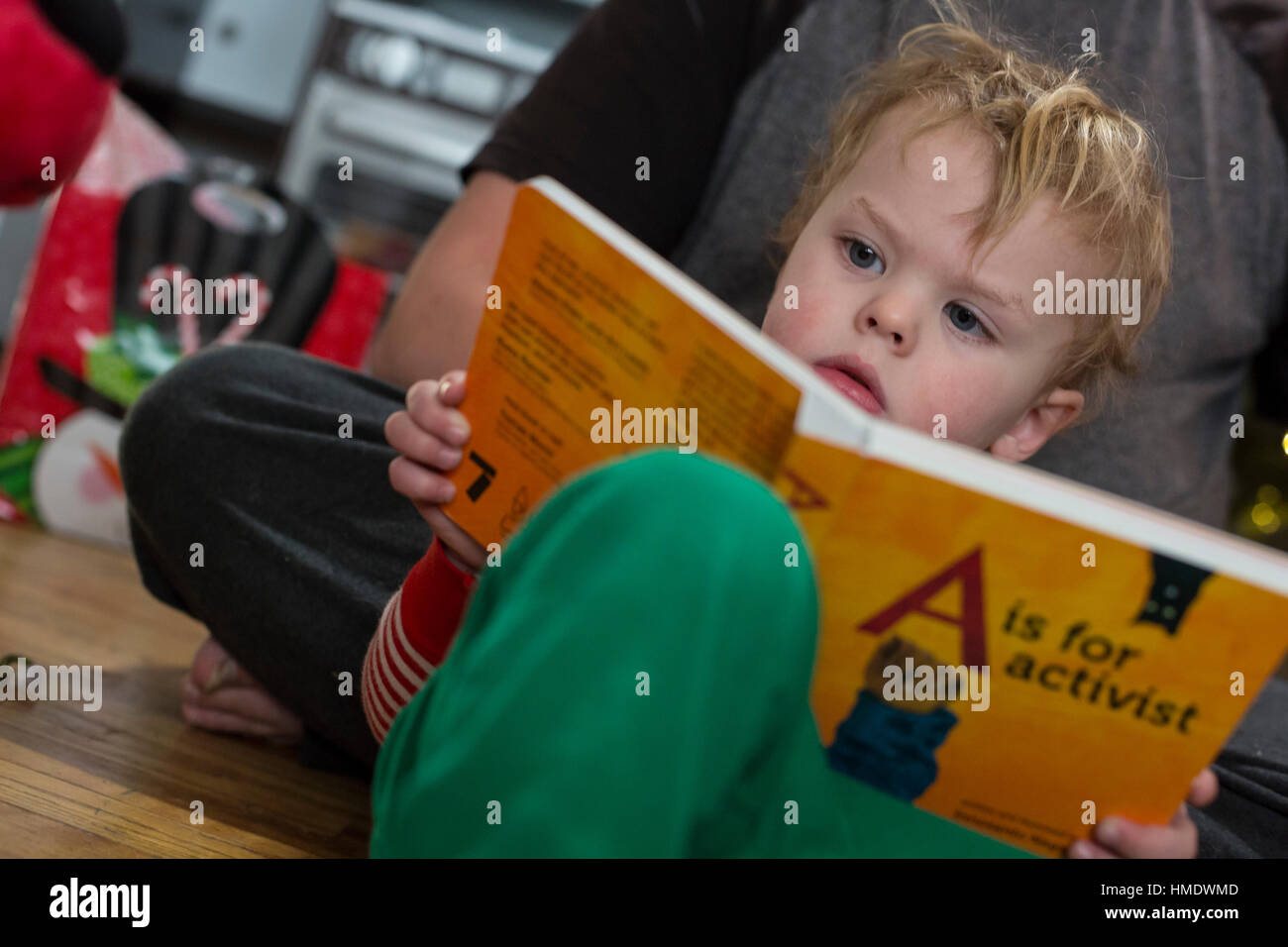 Denver, Colorado - Adam Hjermstad Jr., 2 1/2, reads a book, A is for Activist, that he was given for Christmas. Stock Photo