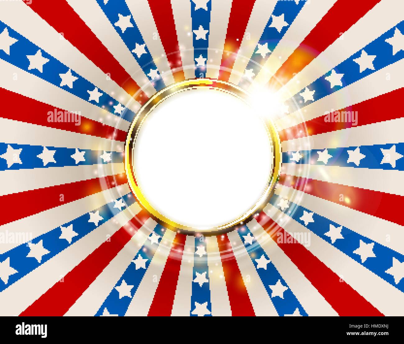 Patriotic background United States of America with sparks. USA flag color round frame. American Memorial Day or Independence Day golden ring concept Stock Vector
