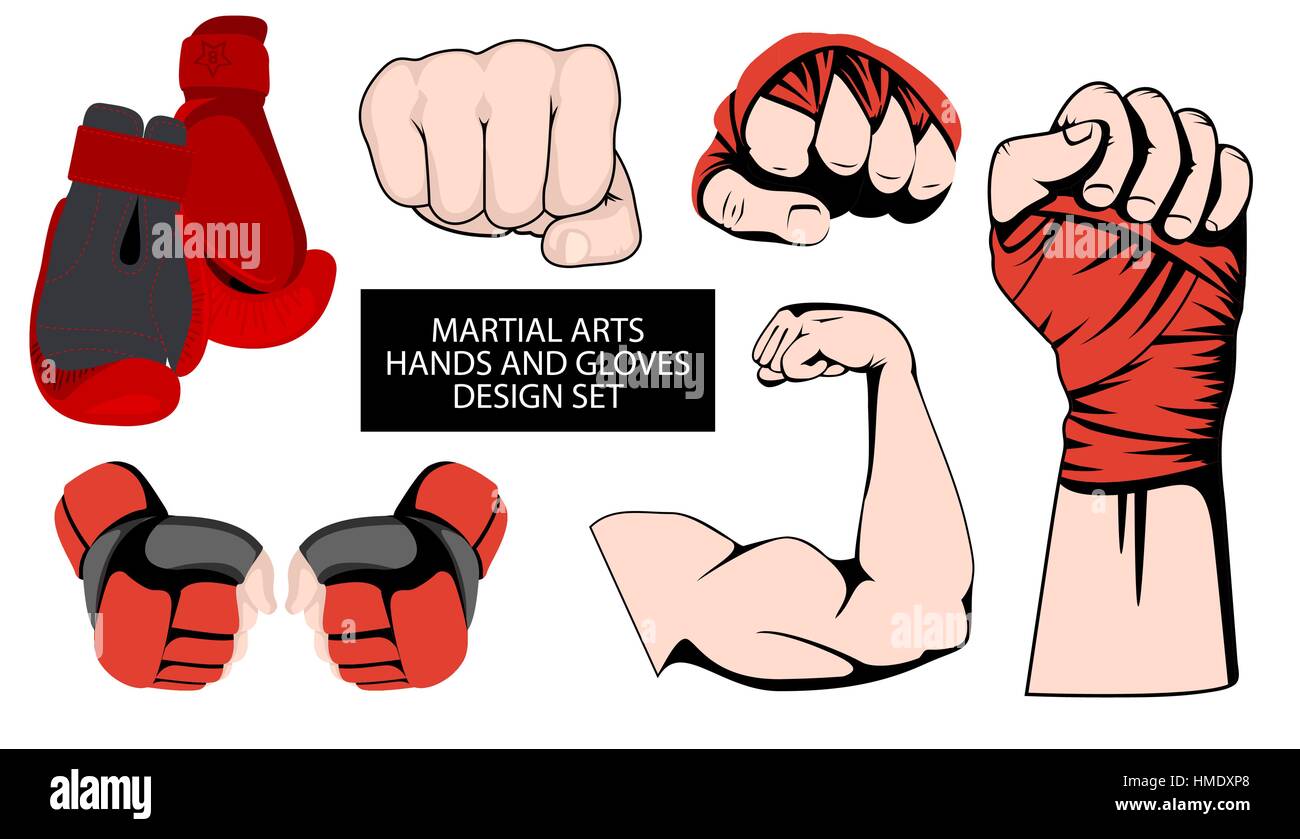 MMA or boxing red gloves hand design element set. Mixed martial arts collection. Fighting fist emblem or logo idea. Vector athletic hands icon Stock Vector