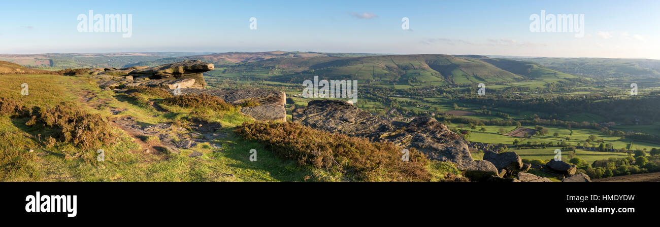 View of the village of Bamford from Bamford edge in the Peak District, Derbyshire, England. An early summer evening. Stock Photo