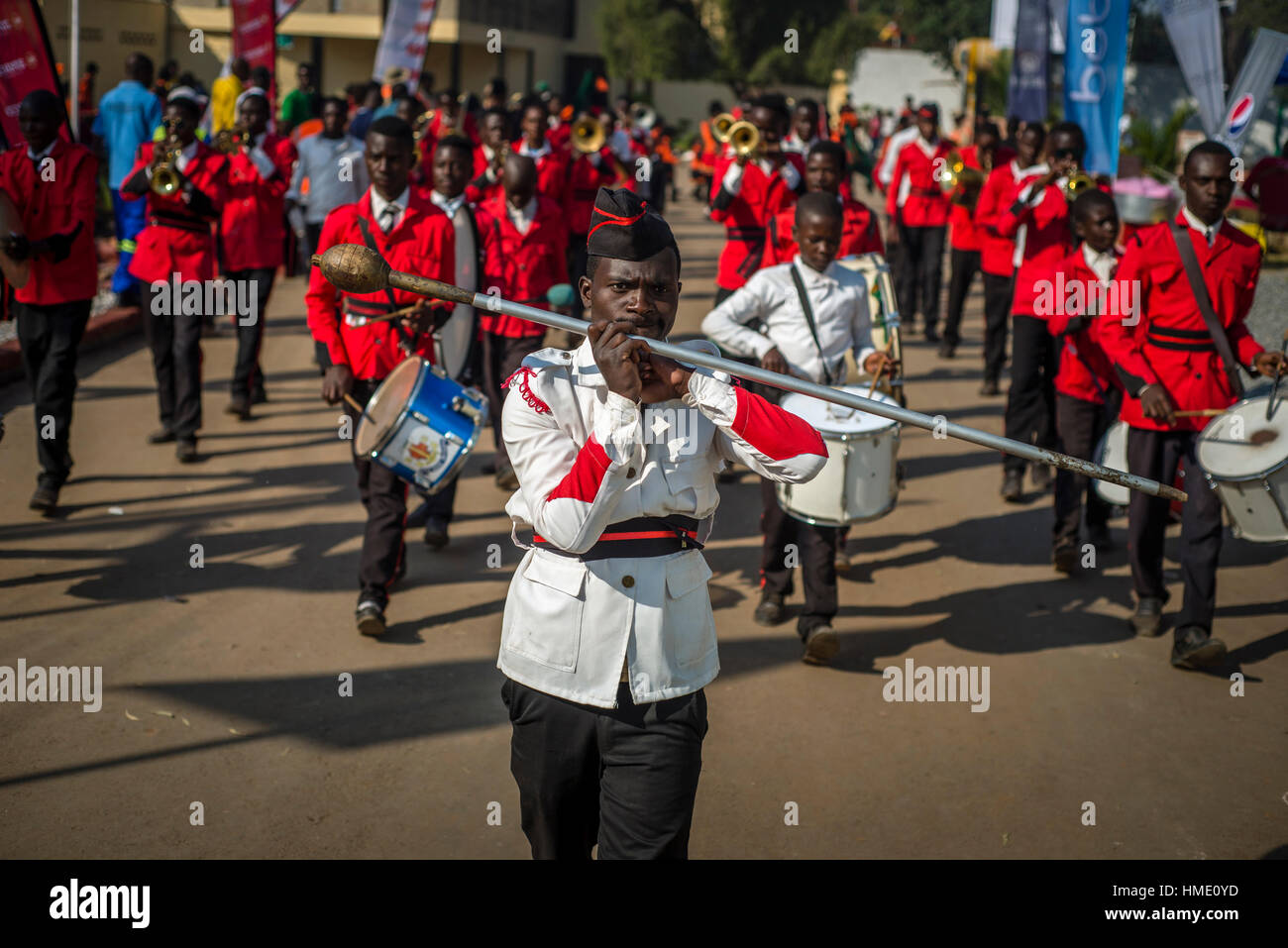 Members of Zambian brass orchestra play music during Zambia