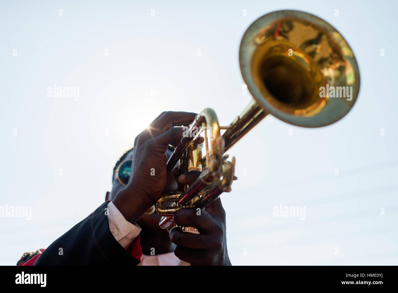 Members of Zambian brass orchestra play music during Zambia