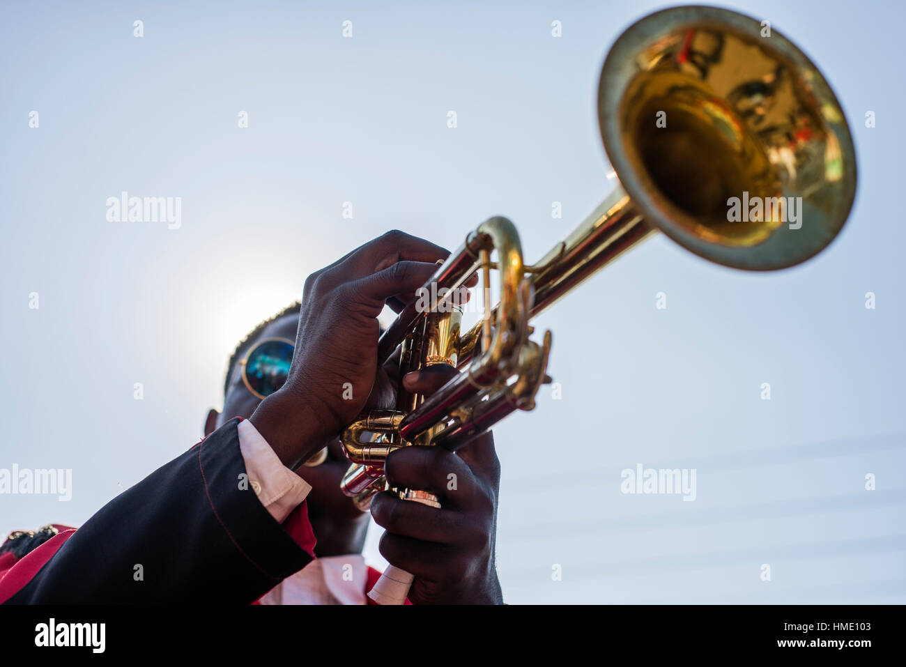 Members of Zambian brass orchestra play music during Zambia