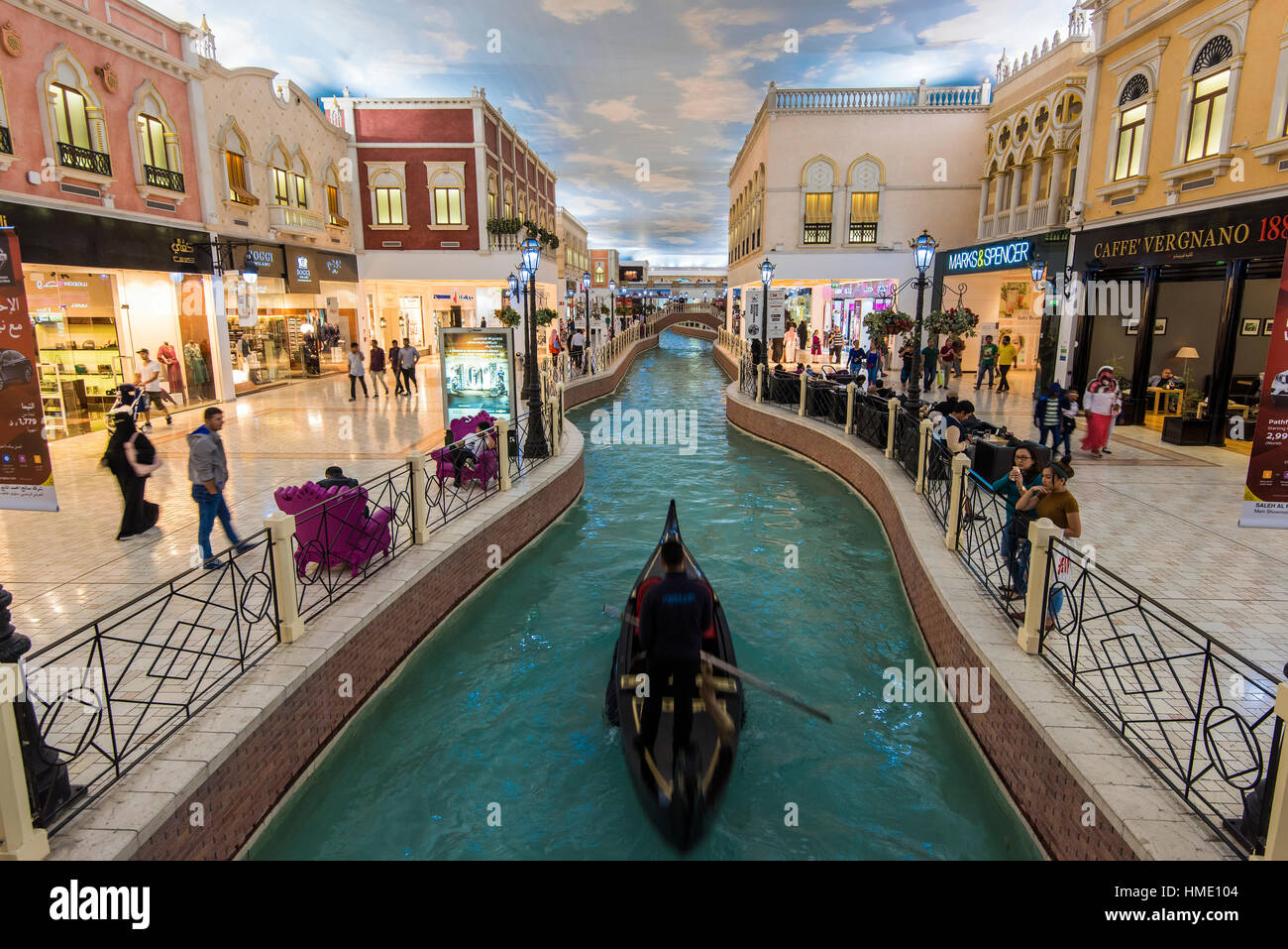 View over the Italian Venice-themed interior of Villaggio Mall, Doha, Qatar Stock Photo