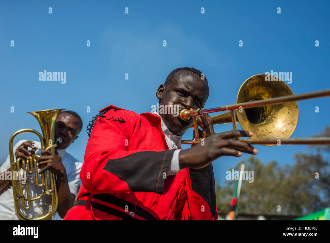 Members of Zambian brass orchestra play music during Zambia