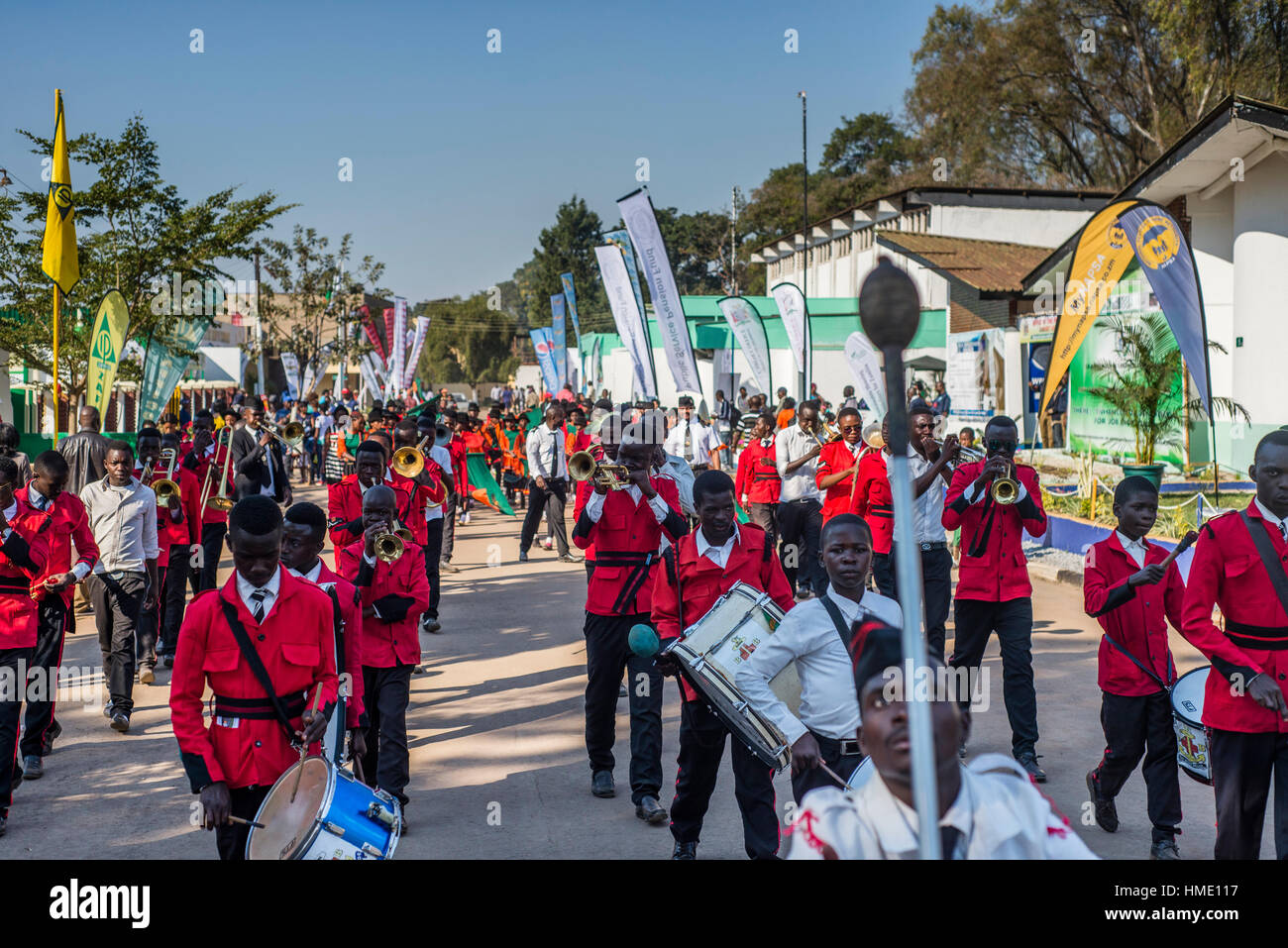 Members of Zambian brass orchestra play music during Zambia