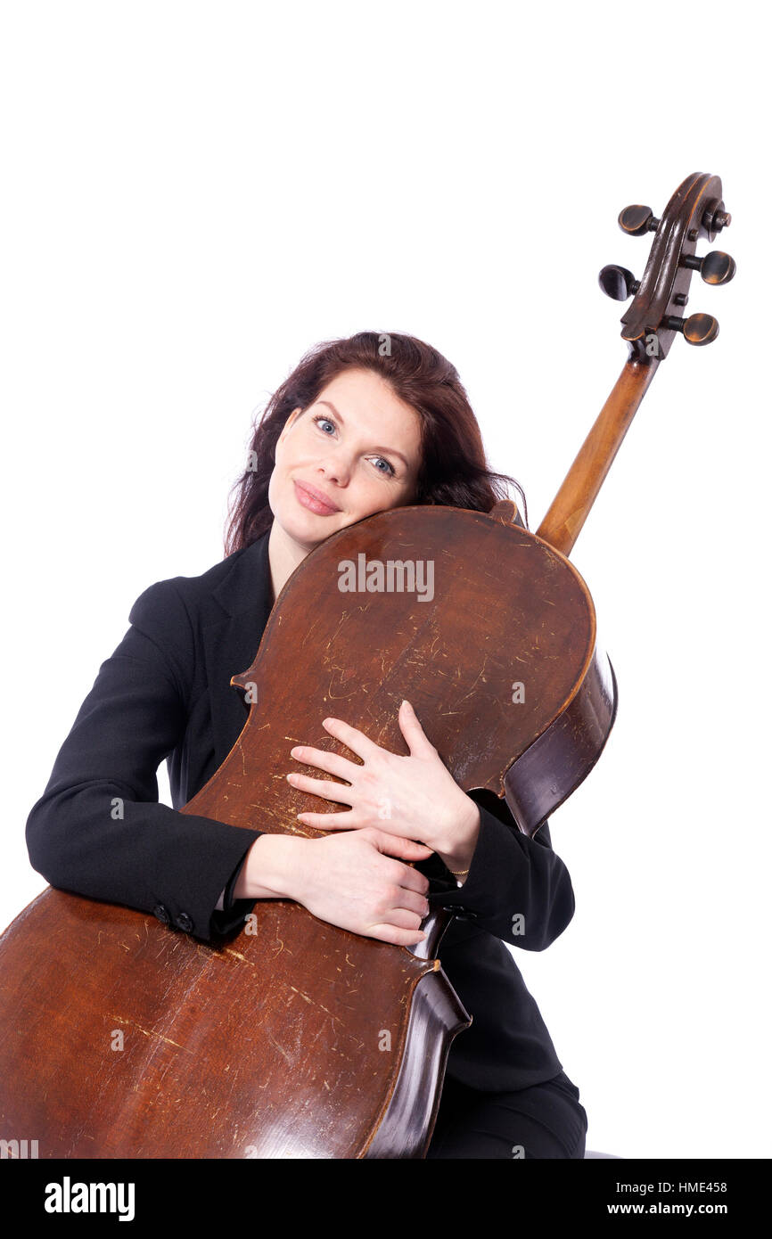 beautiful brunette with cello in studio against white background Stock ...