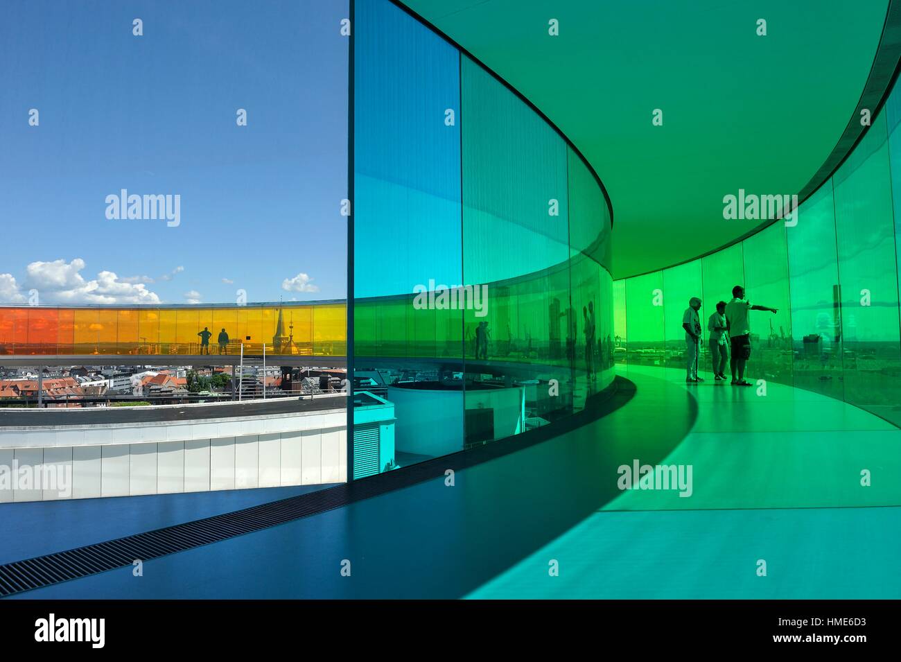 the installation ´´Your rainbow panorama´´, a circular skywalk with windows in the colors of the rainbow (by Olafur Eliasson, a Danish-Icelandic Stock Photo