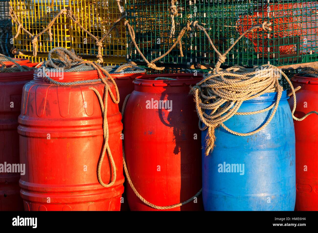 Lobster pots with bait buckets, Point Judith, Rhode Island Stock Photo