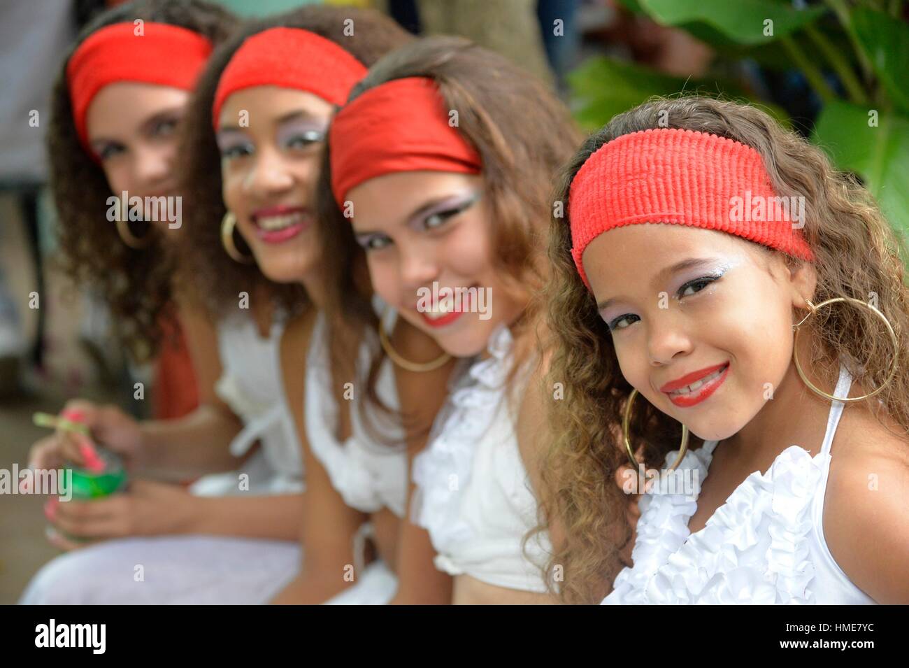 Portrait of girls with traditional clothing un Cienfuegos, Cuba. Stock Photo