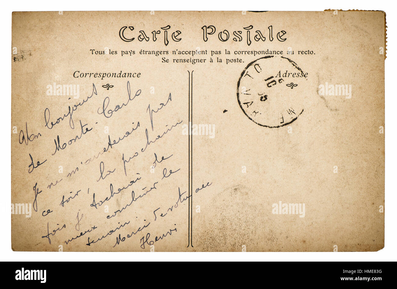 Vintage handwritten postcard mail. Used paper texture with edges Stock Photo