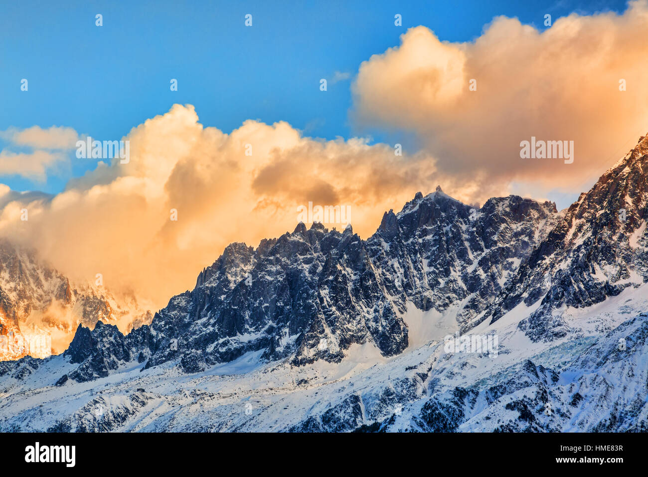 Winter image at dusk of  l'Aiguille du Plan located in Mont Blanc Massif. Stock Photo