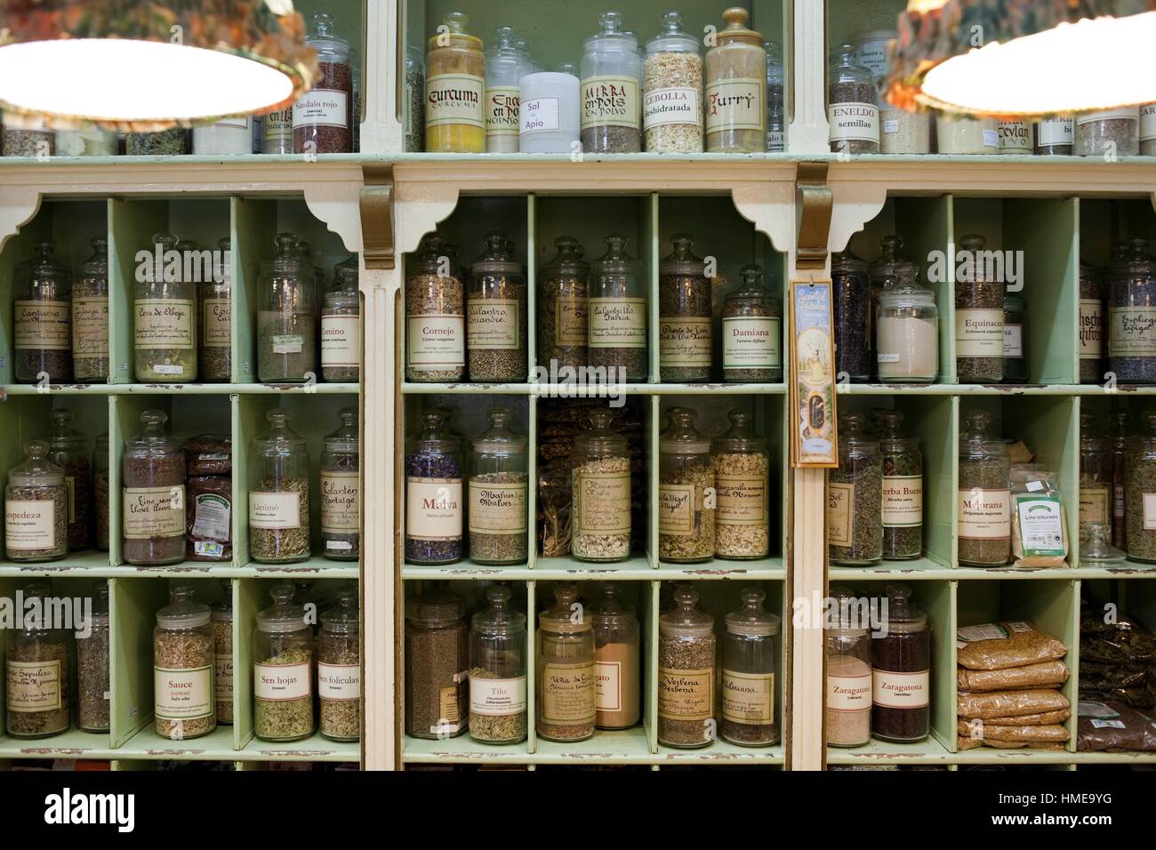 Shelving a herbalist shop with glass jars filled with herbs, Barcelona, Spain, Europe Stock