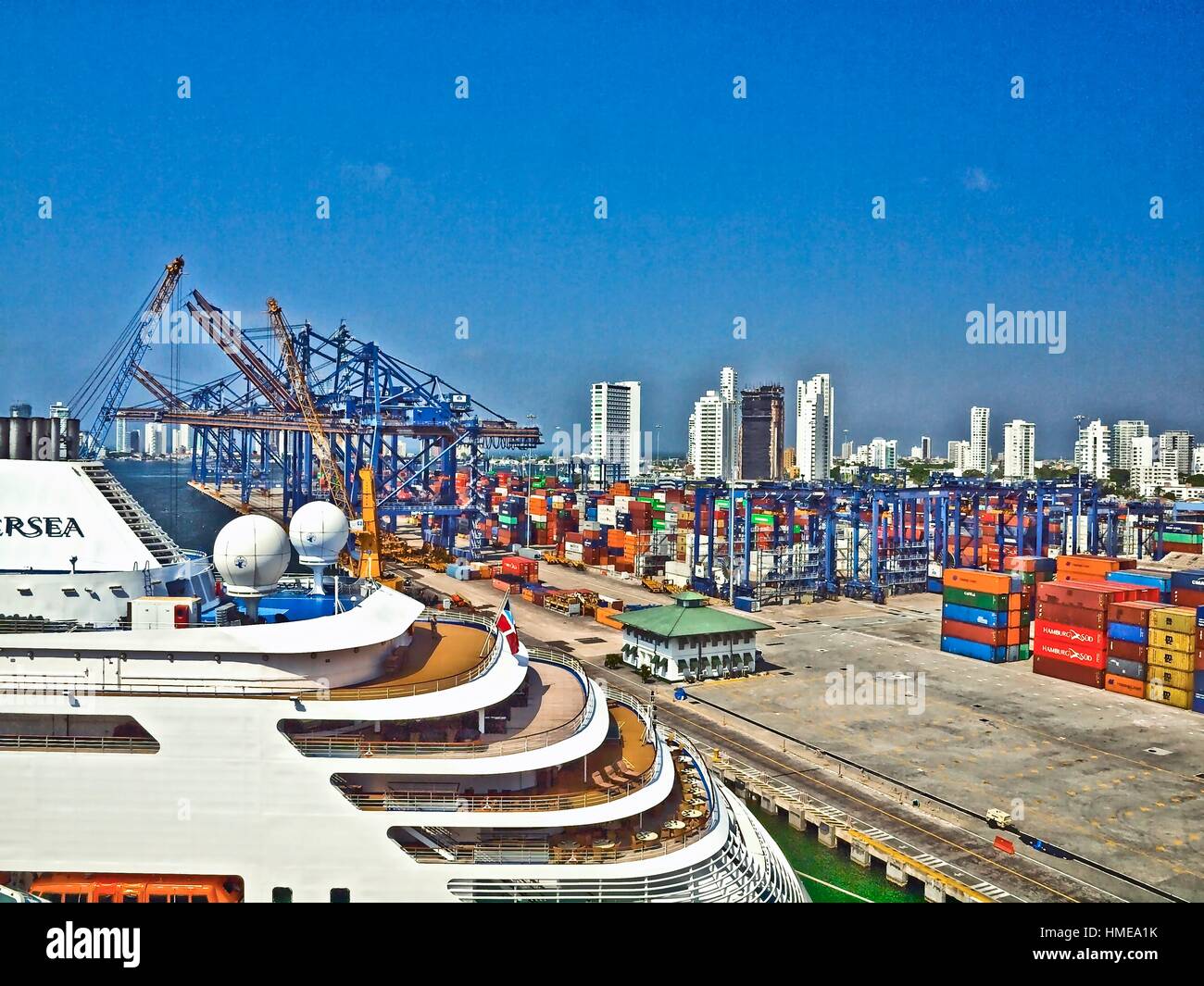 Shipping containers on a dock near downtown Cartagena, Colombia Stock