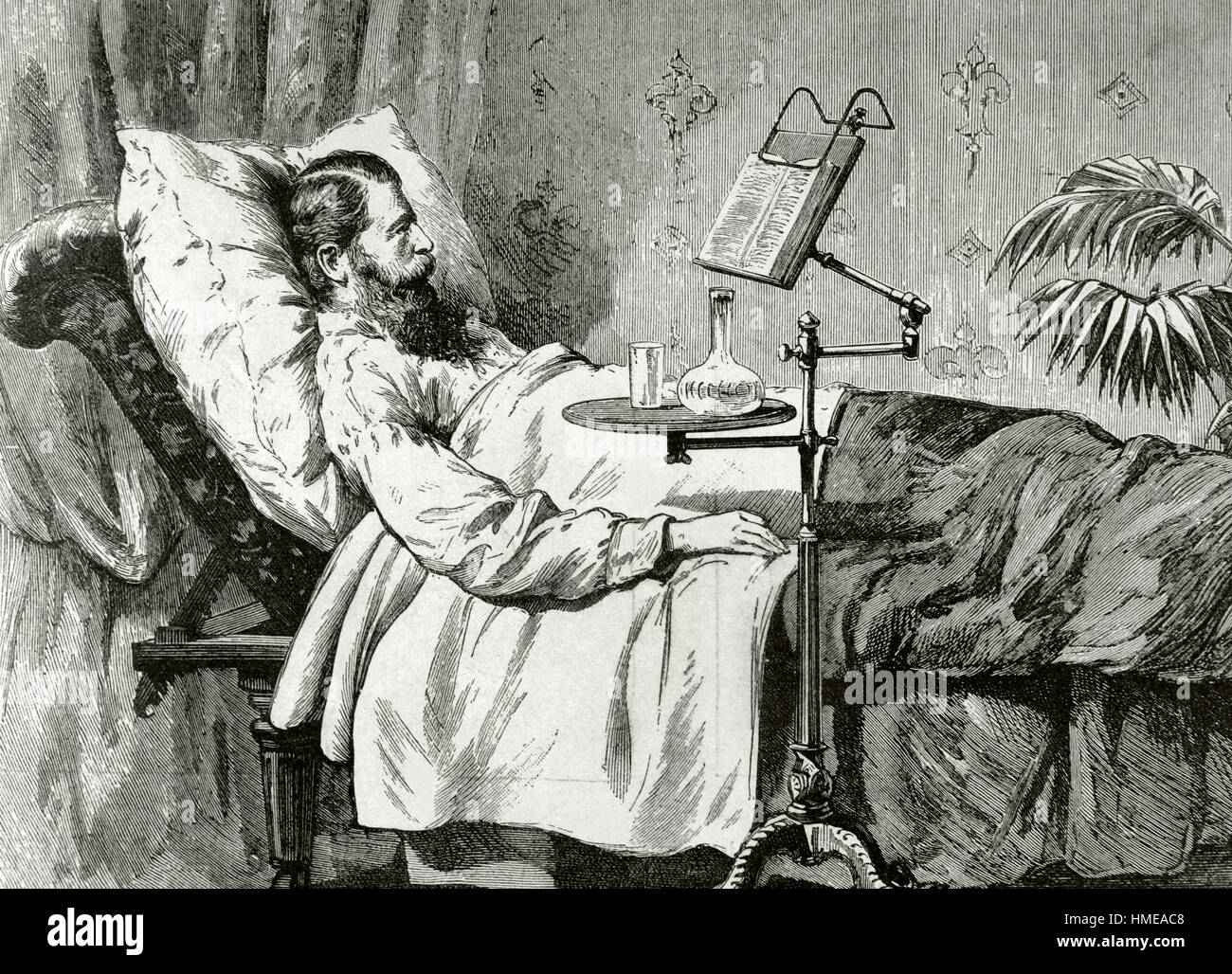 Frederick William IV (1795-1861). King of Prussia. The King in on his deathbed, in an improvised study cabinet. The Artistic Illustration, VII, number 334, May 21, 1888. Engraving. Stock Photo
