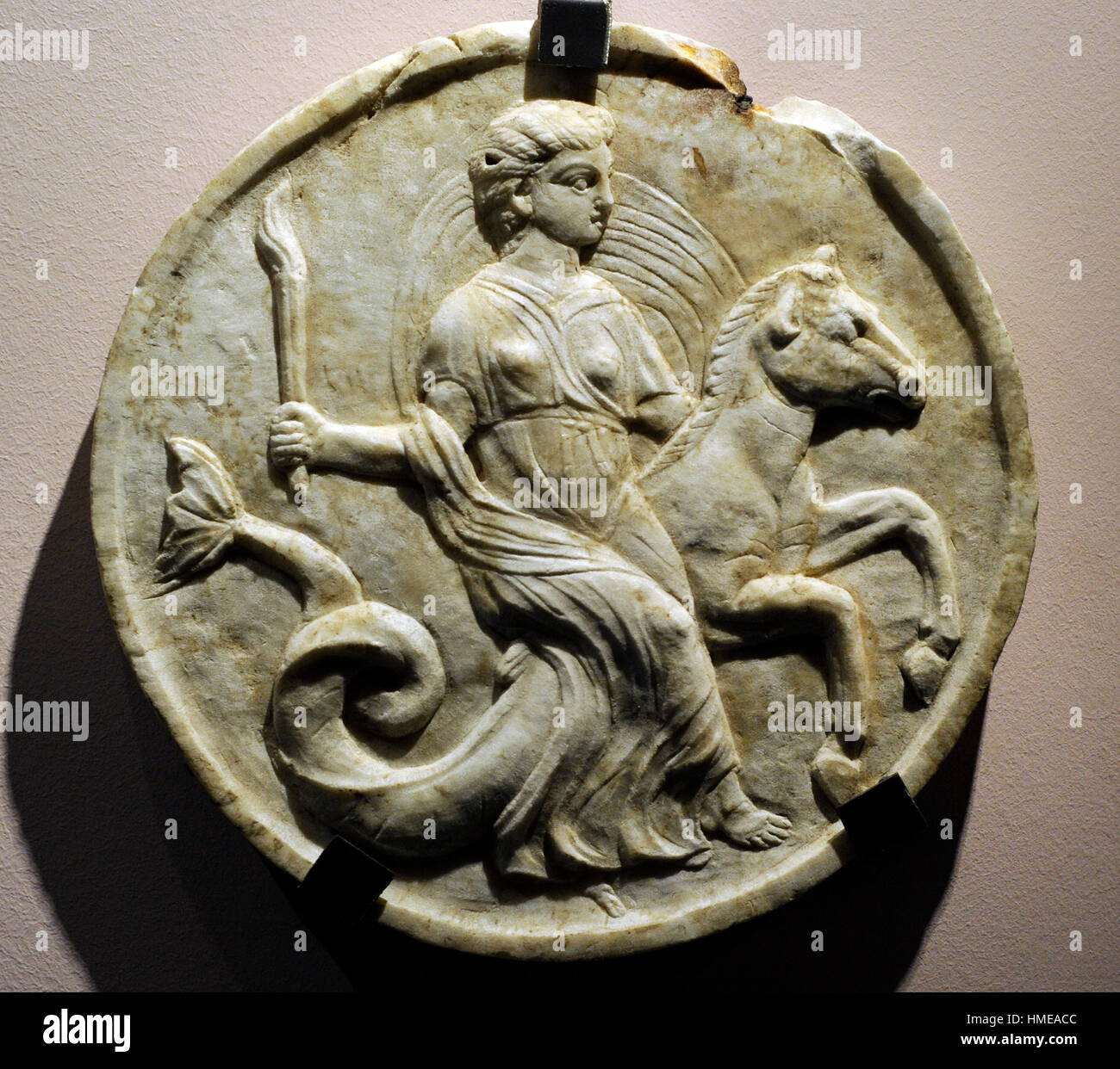 Oscillum with Nereid on seahorse. Late 1st century BC. From Pompeii, House of Caecilius Iucundus V 1, 23-26. Marble. National Archeological Museum. Naples. Italy. Stock Photo