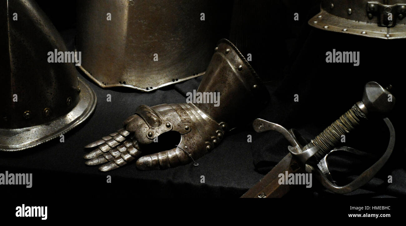 Armor. Gauntlet, helmet and rapier.(Early Modern Age). City Museum. Malmo Castle. Sweden. Stock Photo