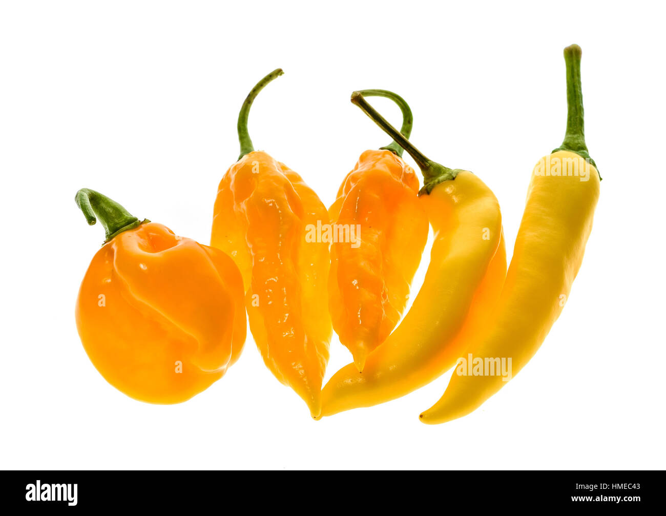 Different variety of yellow hot peppers a bunch of chilies, isolated