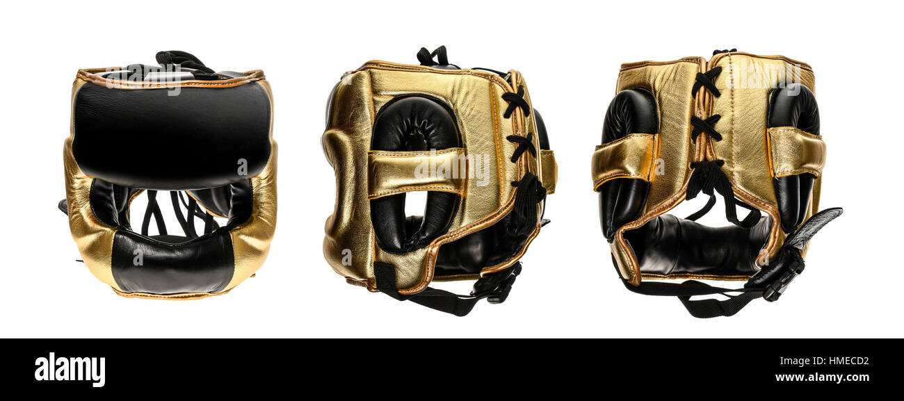 Protective boxing leather helmet head gear isolated on white. Safety