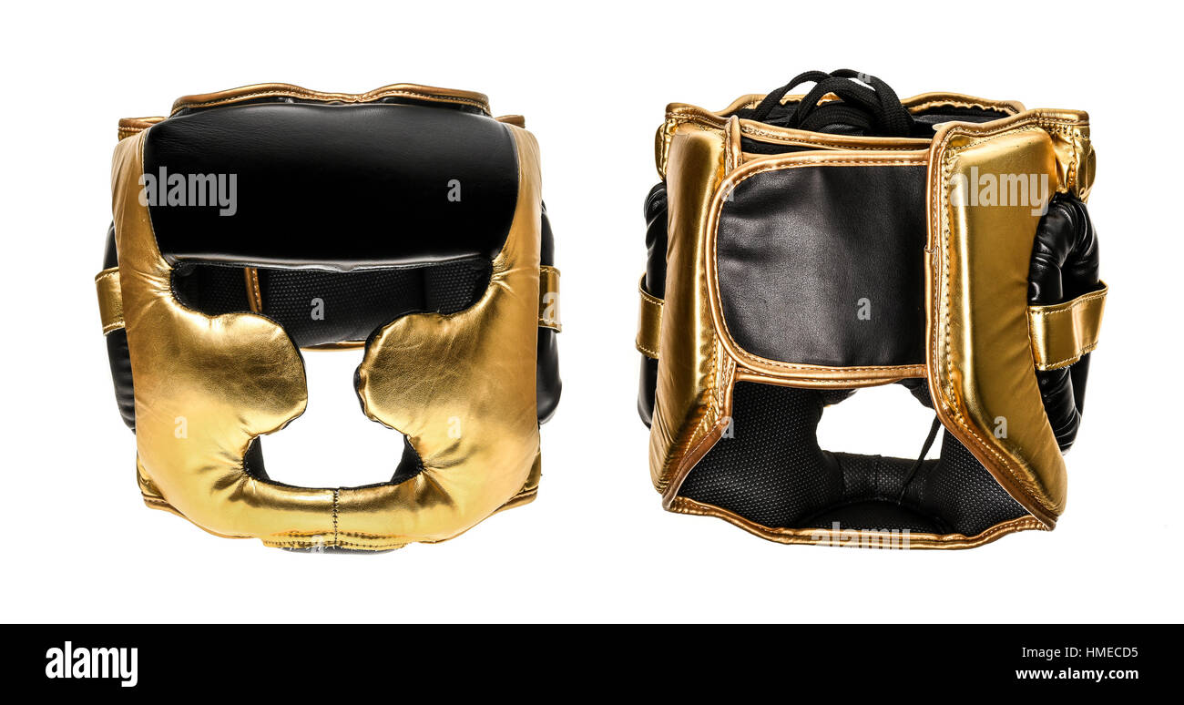 Protective boxing leather helmet head gear isolated on white. Safety protection equipment for