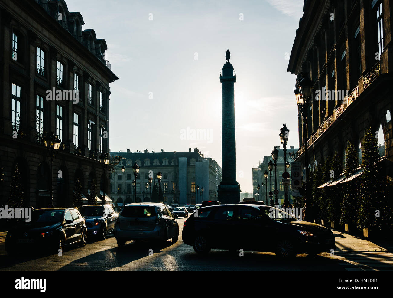 PARIS, FRANCE - CIRCA DECEMBER 2016: View on Place Vendôme and its backlit column from rue de la Paix. Stock Photo