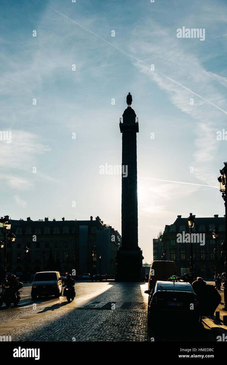 PARIS, FRANCE - CIRCA DECEMBER 2016: View on Place Vendôme and its backlit column on top of which is a Napoleon statue. Stock Photo