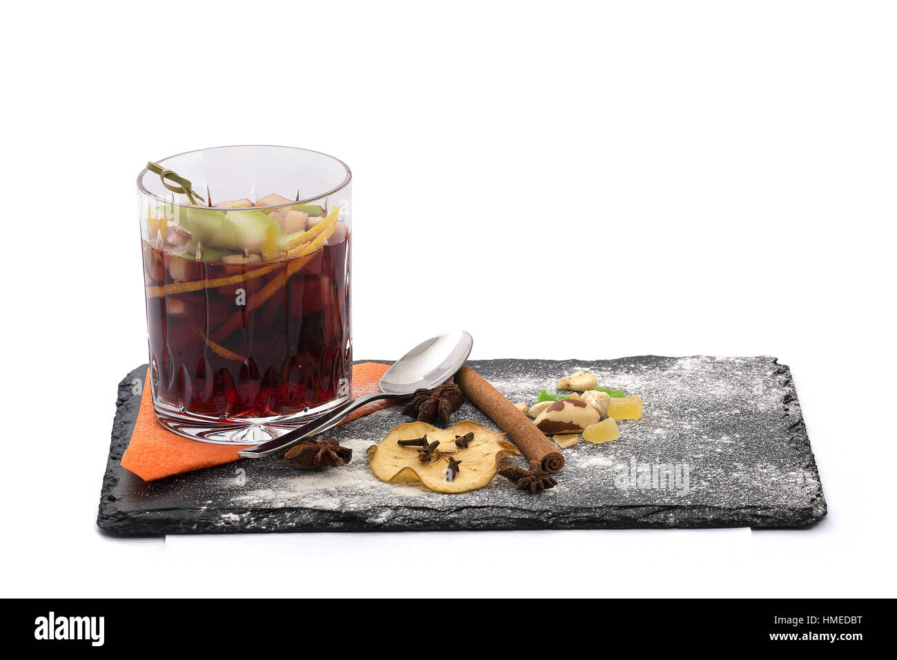 Mulled wine and spices served on mica Stock Photo