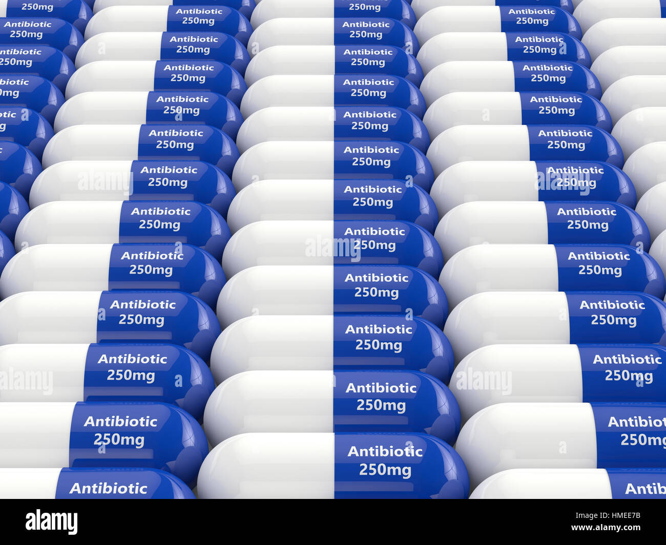 3d rendering of white and blue antibiotic pills in row Stock Photo - Alamy