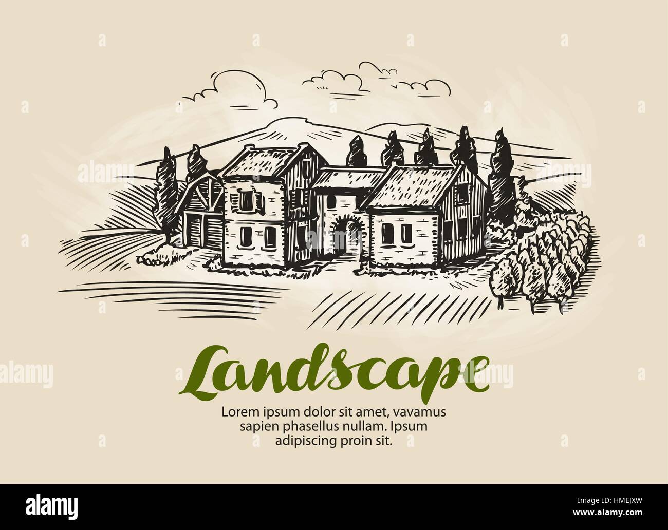 Country house, building sketch. Vintage rural landscape, farm, cottage vector illustration Stock Vector