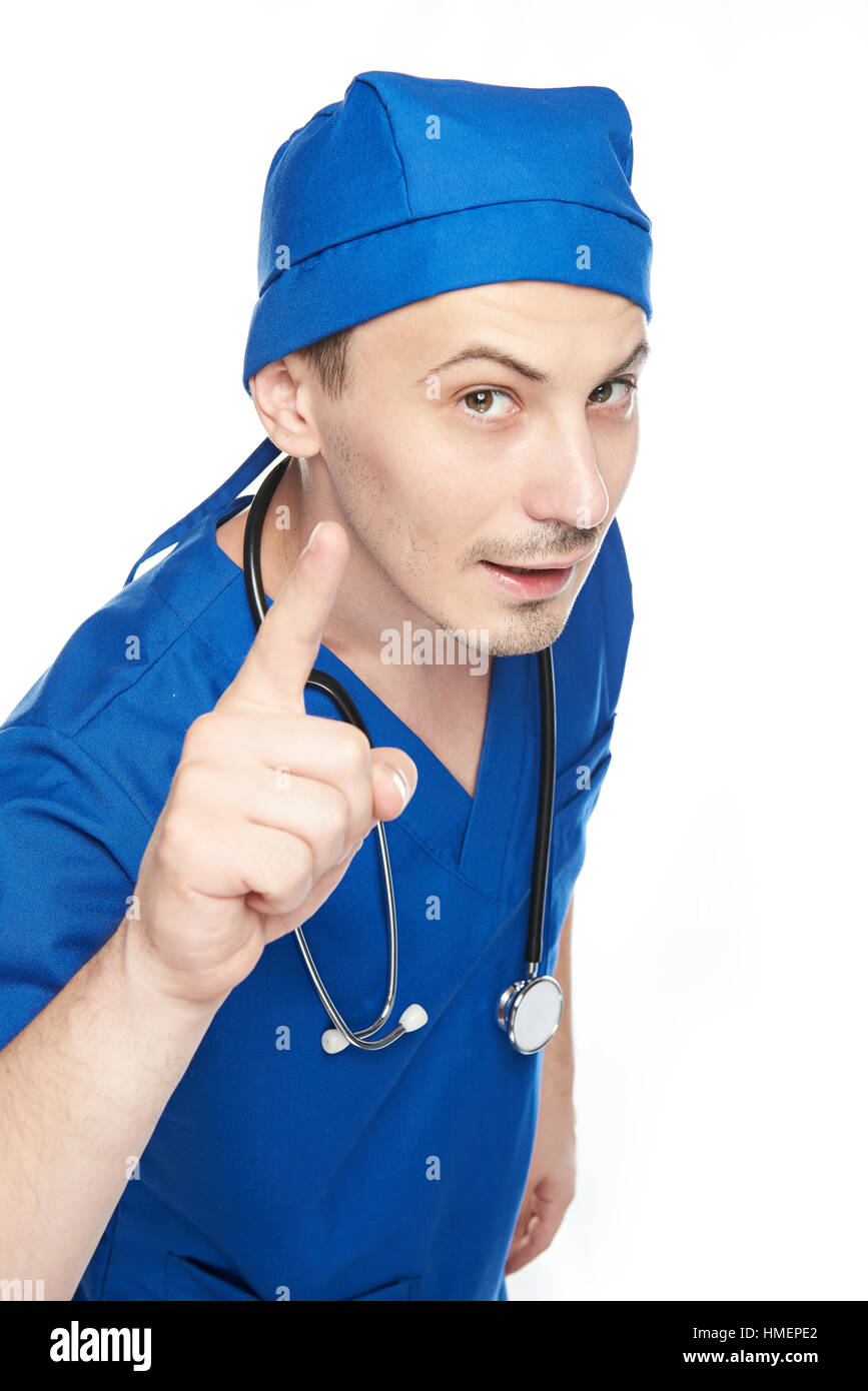 young doctor warning finger up isolated on white Stock Photo - Alamy