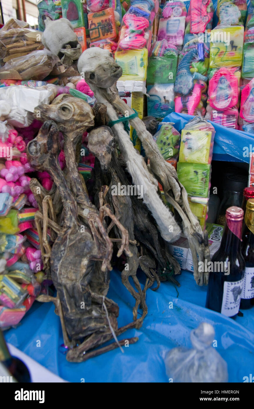 Items on display in a chiflera shop in the Witches Market in La Paz, for use in sacrifices to the Pachamama, mother earth deity Stock Photo