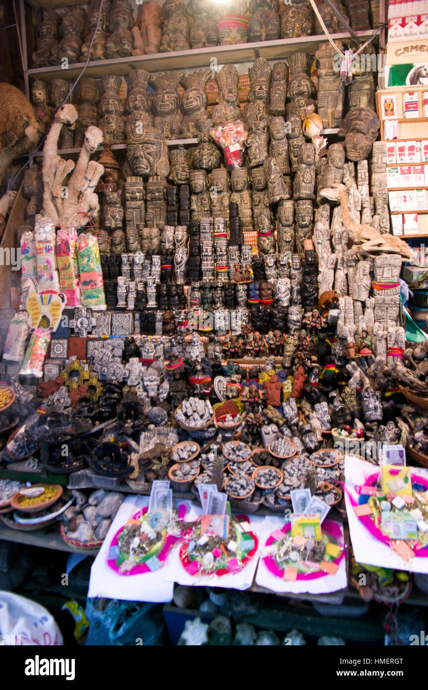 Items on display in a chiflera shop in the Witches Market in La Paz, for use in sacrifices to the Pachamama, mother earth deity Stock Photo
